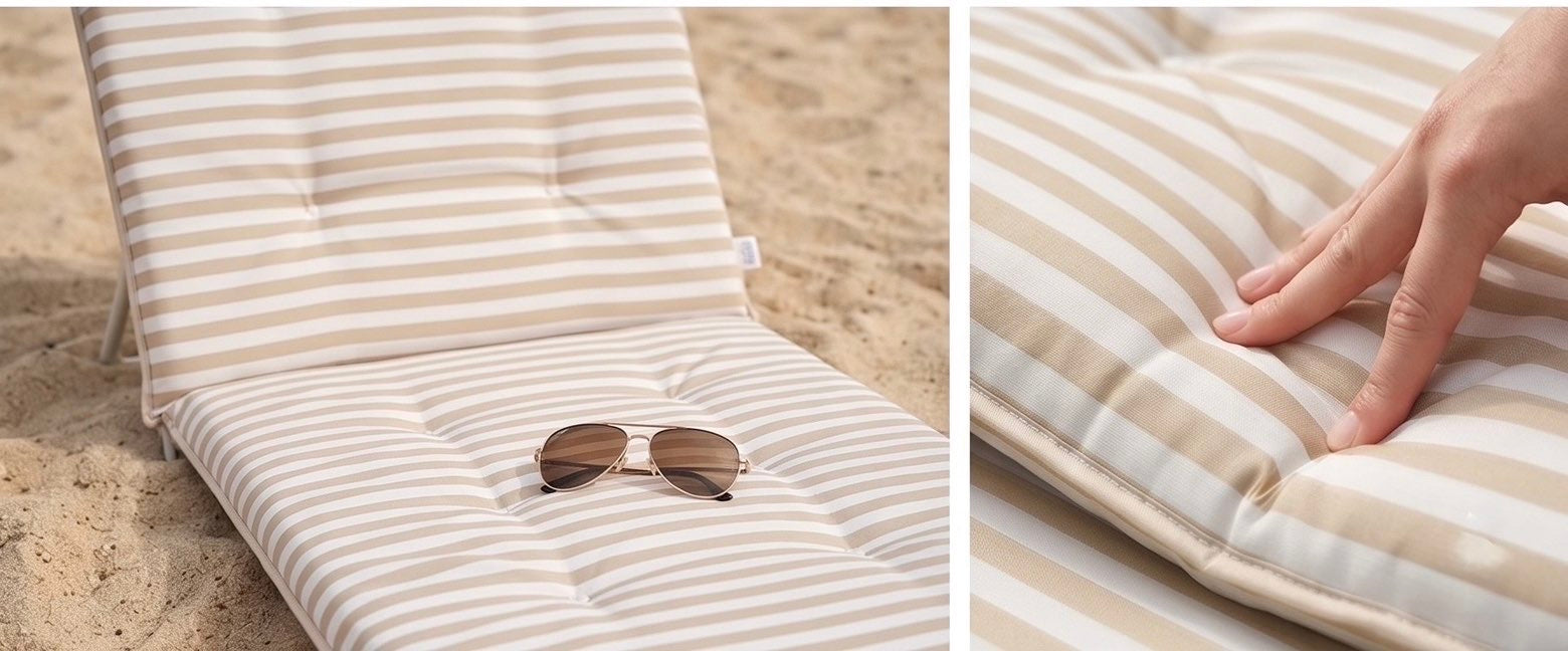 Chaise de plage longue rembourrée Modèle à dossier réglable — rayures beige & blanc
